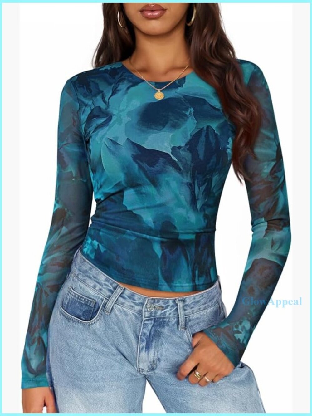 Women’s Teal Floral Long Sleeve Mesh Tee